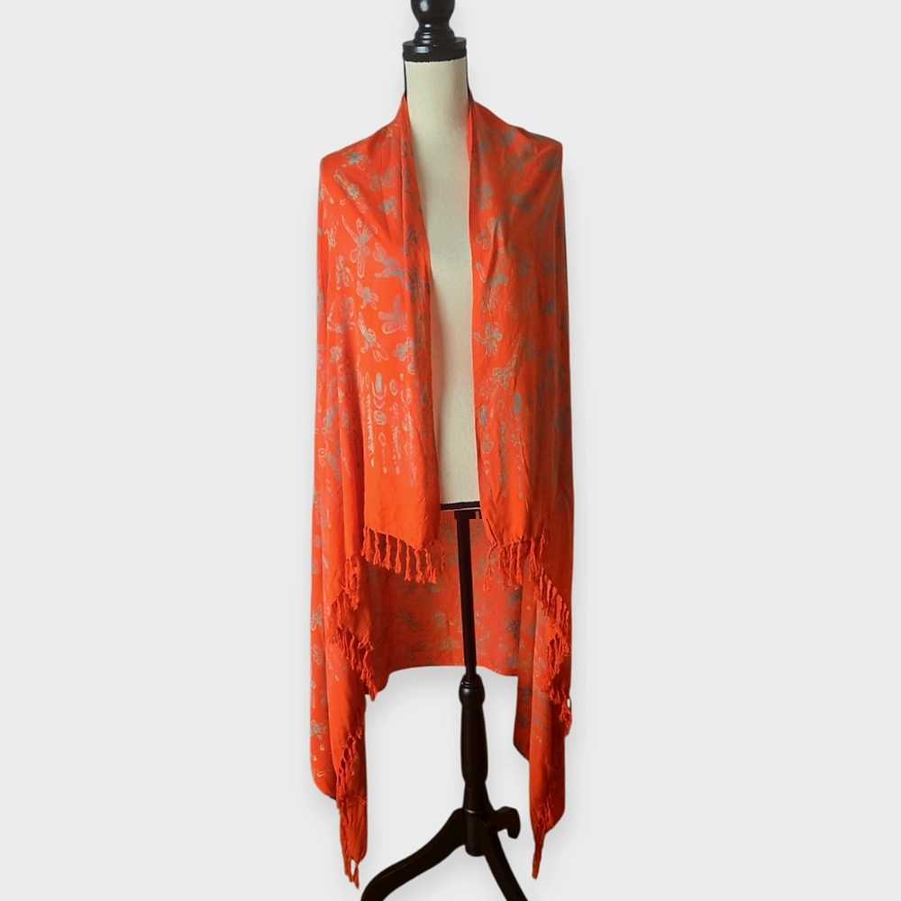 Asian Orange Gray Dragon Fly Print Fringed Wrap Scarf
